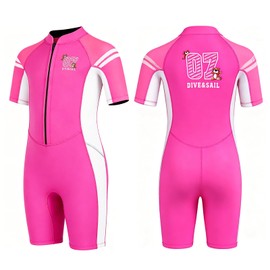 Skyone Wetsuit for Kids, Shorty Kids Wet Suits for Boys Girls Youth 2.5mm Neoprene Toddler Wetsuit, Thermal One Piece Kid Swimsuit for Swimming Diving Surfing (Girls Rose Red, 6)