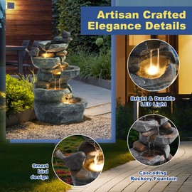 LETATA Outdoor Cascading Bird Water Fountain, 5-Tier Floor Natural Looking Rock Fountains with LED Pump Birds Decor, Freestanding Resin Fountain and Cascading Water Feature for Patio Garden, Grey