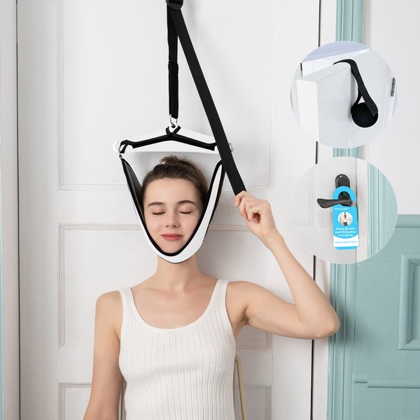 Cervical Neck Traction Device Over Door for Neck Pain Relief, Portable Overhead Neck Stretcher Cervical Traction Home Physical Therapy for Arthritis Disc Bulges Spinal Decompression (White)