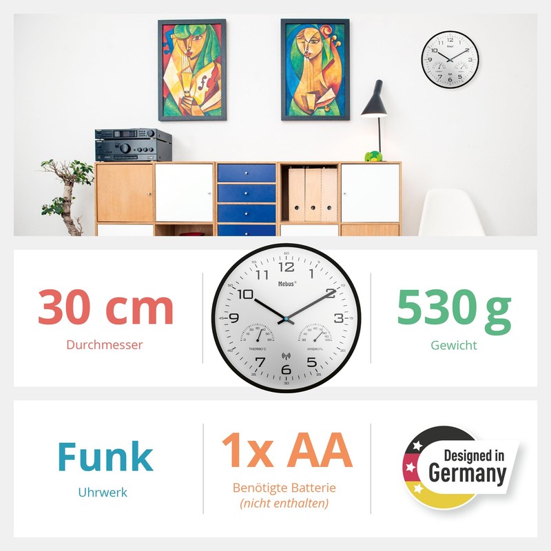 Mebus Modern Radio Wall Clock with Temperature Display and Humidity,