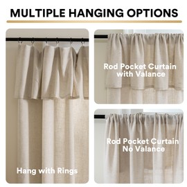 PrinceDeco Rich Linen Living Room Curtains Light Filtering 95 inch Privacy Curtains with Attached Valance Ring and Rod Pocket Farmhouse Drapes for Bedroom 2 Panel Sets, W52 x L95 Inch, Linen