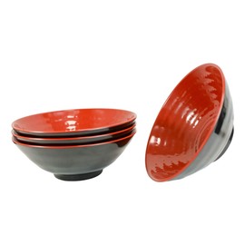 Ebros Set Of 4 Contemporary Swirl Ridged Red And Black Melamine 43 oz / 1.3 qt Large Pasta Noodles Salad Mixing Soup Cereal Bowls Kitchen Dining Asian Restaurant Supply Grade Bowl Value Pack Set