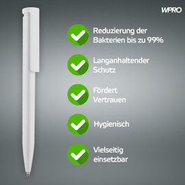 WPRO Protect Antibacterial Ballpoint Pen Set of 10 - With Silver Ion Against Bacterial Growth, Blue Writing, Hygienic and Safe - Ideal for Doctor's Practices & Offices