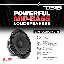 DS18 6PRO300MB-8 PRO 6.5" Mid-Bass Loudspeaker 300 Watts Max Power 150 Watts RMS 8-Ohm - Powerful Midbass Speaker for Pro Car Audio Sound System - 1 Speaker
