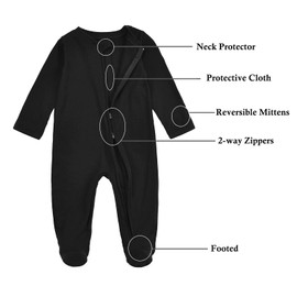 Aablexema Organic Cotton Baby Footies Pajamas with Mittens - Neutral Newborn Infant Zip Up Sleep Play(Black,3-6m)