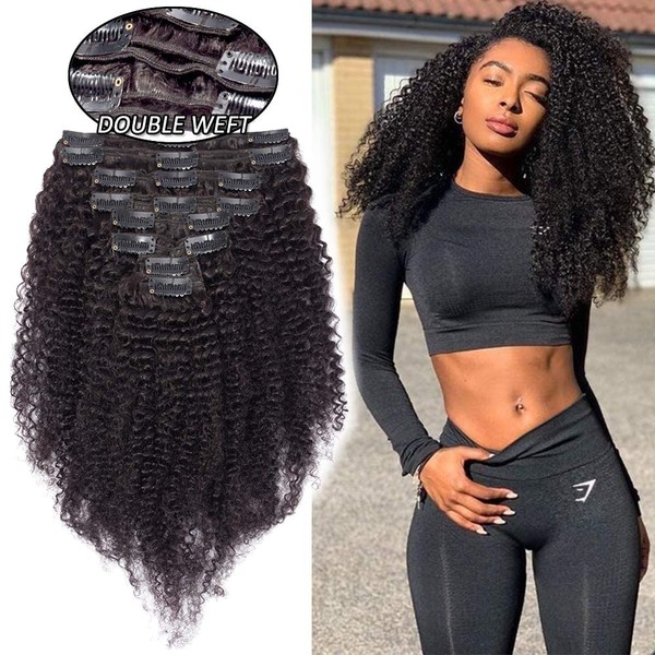 Elailite Afro Real Hair Clip-In Extensions for Full Head Remy 8 Set Double Wefts 18 Clips Kinky Curly 50 cm 120 g #1B Natural Black