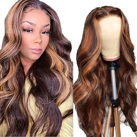 AiPliantfis Body Wave Human Hair Wig Brown Echthaar Perücke Damen 4X1 Lace Glueless Wig Wear and Go P430 Highlight Pre Plucked 150% Density Unprocessed Brazilian Remy Hair 34 Zoll