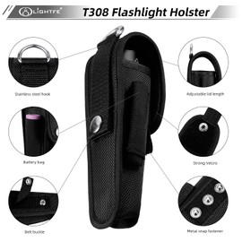 Flashlight Holster T308 Tactical Flashlight Holster Suitable for flashlights with a Length of 5.5"-6.2" or a Diameter of 32mm, to a Length of 160 mm. Adjustable Thick and Durable Flashlight Pouch
