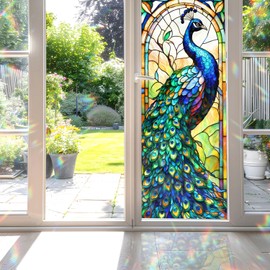 Decorative Peacock Stained Glass Window Film, Peacock Stained Glass Window Film for Bathroom Shower Door Heat Anti UV