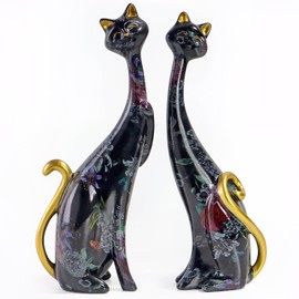 Vintage Cat Statue Pack of 2, Creative Cat Figurine Resin Home Decor, Abstract Cat Sculptures with Ink Wash Peony, Love Symbol Cat Statues, Vintage Cat Statue for Home Decor