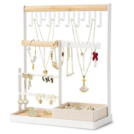 JiHiGe Jewelry Organizer Stand, Jewelry Display Holder with Velvet Ring Case, 4 Tier Jewellery Organiser with 15 Necklace Hooks, 16 Earring Holes and Bracelet Holder for Home and Store Display, White