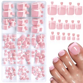 150pc Pink French Tips Press on Toenails Women Fake Toenail with Glue Tab, Berry Pink Toe Nail Press ons Nails Short Square Fake Toe Nail Tips French Glue on Toenails False Acrylic Toes Nails Kit