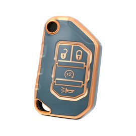OFF WE GO for Jeep Key Fob Cover, Soft TPU Protection Key Shell Case Compatible with Jeep Wrangler JLU JL Gladiator Sahara Rubicon JT Smart Remote Car Key Accessories (Gold Blue)