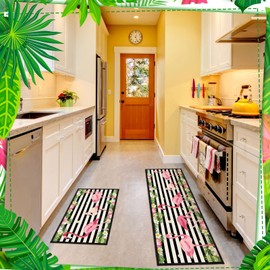 Bencailor 2 Pcs Summer Flamingo Kitchen Rugs and Mats Set Non Slip Flamingo Kitchen Mat Cabin Rug Rustic Bathroom Rugs for Summer Home Decor, 29 x 17 Inch and 47 x 17 Inch(Classic Pattern)