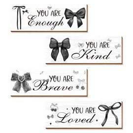 Riletese 4 Pcs Black White Bow Wall Art Decor, Vintage Dark Coquete Room Decor for Teen Girls Neutral Preppy, Inspirational Positive Affirmations Wall Wooden Hanging Sign Bathroom