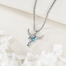 DAYLINLOVE Cow Skull Necklace 925 Sterling Silver Cactus Turquoise Pendant Western Necklace Turquoise Jewellery Gifts for Women, Sterling Silver