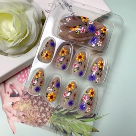 Uñas postizas de almendra, cortas, con pegamento, 3D, flores coloridas y florales, color marrón, cobertura total, uñas acrílicas artificiales con hoja