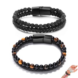 Angyape Natural Agate Stone Leather Beaded Bracelet, Adjustable, 6mm, for Men Women, Bohemian Style C, 21CM, Stainless Steel