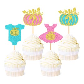 Ercadio Paquete de 24 decoraciones de calabaza para magdalenas para niños o niñas, con purpurina, para revelar el género, para magdalenas, calabazas, niños o niñas, decoración para magdalenas, día de Acción de Gracias, calabaza, fiesta, cumpleaños, sumin