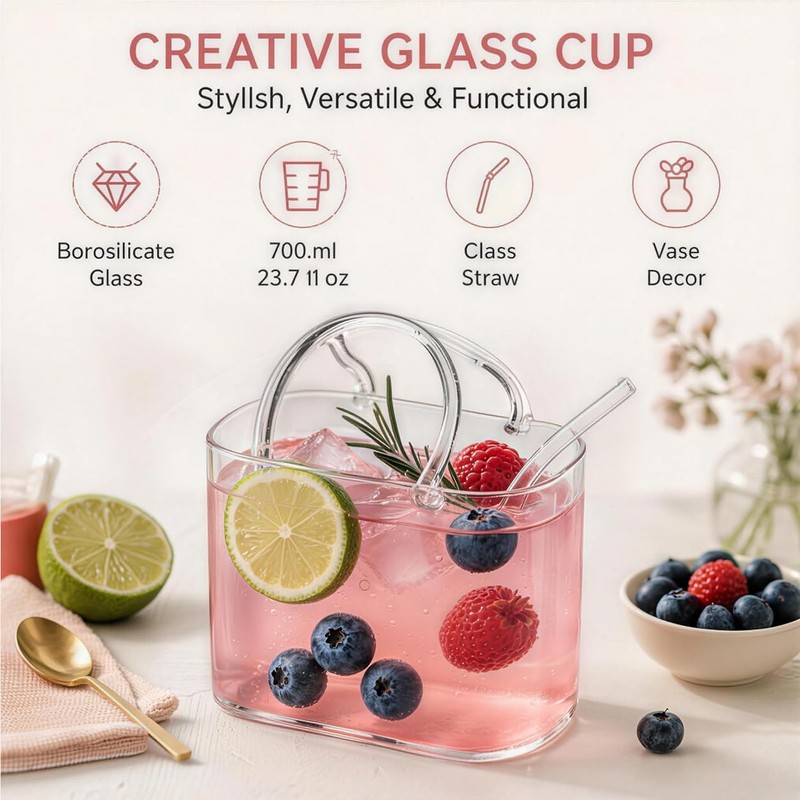 Glass Purse Cup with Straw, for Cocktail Wine Juice Tea,