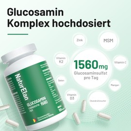 Glucosamine 1560 Chondroitin High Dose - 180 Capsules with MSM and Vitamin C, No Additives, Produced in Germany Naturelan