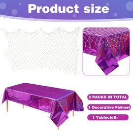Oudain Purple Iridescent Plastic Tablecloths Decorations Set Decorative Fish Net and Table Cloth Shiny Disposable Laser Rectangle Table Cover for Ocean Mermaid Baby Shower Birthday Party Decorations