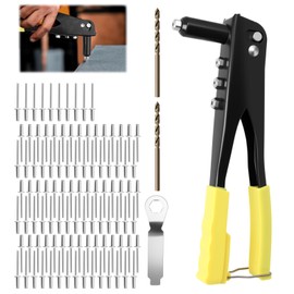 Rivet Gun Set, Pop Rivet Gun Kit, Heavy Duty Hand Riveter with 4 Nosepieces 2.4/3.2/4.0/4.8mm, with 100 Rivets & 2 Twist Drill Bits for Metal Plastic Repair Furniture DIY Construction