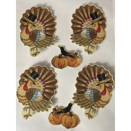 ironons.us 4 Fancy Turkeys with pumpkins and crows- Iron On Fabric Appliques - Thanksgiving