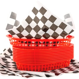 Retro Style Red Fast Food Basket 6 Pk and Black Checkered Liner 60 Pk Combo. Classic 11 In Deli Baskets Are Microwavable and Dishwasher Safe. Disposable Paper Squares for Easy Cleanup