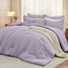 MUXHOMO 5 Pieces Twin Comforter Set, Soft Bed in a Bag Twin Size, All Season Bedding Set with Comforter, Flat Sheet, Fitted Sheet, Pillowcases & Shams, Lavender