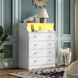 WLIVE White LED Dresser for Bedroom, Tall Wood Dresser with 4 Drawers and Open Shelf, Chest of Drawers with Power Outlet for Living Room, Hallway, Closet