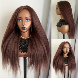 Popolex Yaki Straight, Glueless Wig for Black Women,18Inch Kinky Straight Wigs, Synthetic Wig Middle Part Hair Natural Hairline (Brown)