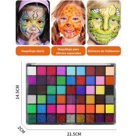 FINYQBET Juego Pintura Facial y Corporal, Kit Profesional(Agua, 54 Colores) Pintura a base de agua no tóxica, Colores Vibrantes y Duraderos, Fácil de Remover, Fiestas de Halloween/Cumpleaños/Cosplay