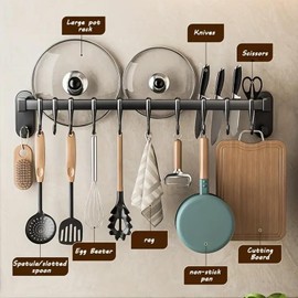 AmoiChic Adhesive Wall Mounted Pot Pan Rack, Kitchen Wall Mounted Detachable Pan Lid Utensils Organizer Hanging Rail with 6 Hooks for Kitchen Bathroom Bedroom,17.7''