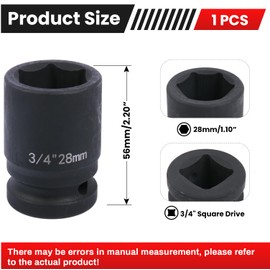 Deep 6-Point Impact Socket 3/4" Drive 28mm,Chrome Molybdenum Steel, Anti-Rust Metric Hex Socket for Car Repairs and Impact Wrench