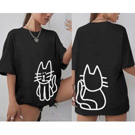 Lytiarul Cute Cat Shirts for Women Oversized Black Cat Graphic Tshirt Casual T-Shirt Kawaii Tees Aesthetic Funny Tops(Black,L)