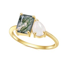 Milky Blue Moonstone Green Moss Agate Gold Sterling Silver Toi et Moi Ring Women Gold Rings Moss Agate Jewelry Engagement Rings Women Gifts(Size5)