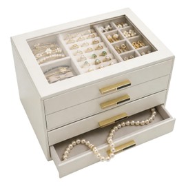 Organizador de Joyas de 4 Niveles Y Estuche de Almacenamiento con Tapa de Cristal, Organizador para Anillos, Aretes, Pulseras y Collares, Regalos de C