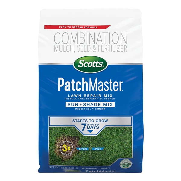 Scotts PatchMaster Lawn Repair Mix Sun + Shade Mix, Combination Grass Seed, Fertilizer, and Mulch, 10 lbs.