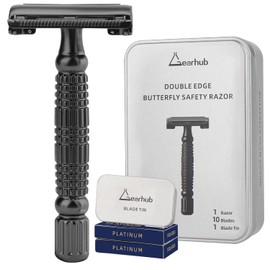 Butterfly Double Edge Safety Razor – Reusable Stainless Steel Wet Shaving Razor with 10 Swedish Platinum Blades for Men and Women, Ideal for Bikini and Armpit Hair, Matte Gunmetal Black (Model GR179)