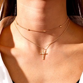 TseenYi Simple Layered Fashion Clavicle Chain Choker Tiny Cross Pendant Necklace Boho Style Necklaces Jewelry for women and Girls (Gold)