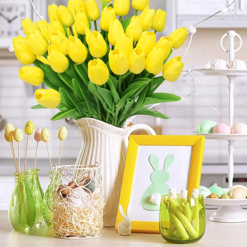 28pcs Yellow Flowers Artificial Tulip Stems Real Feel PU Tulips