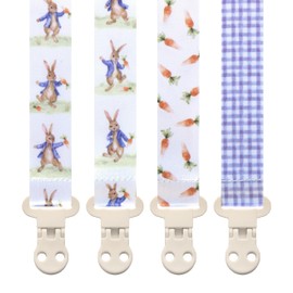 Baby Pacifier Clip Holder - Boy and Girl Unisex 4 Pack Gift Set – Neutral Vintage Rabbits and Carrots Easter Beige Blue Brown Peter