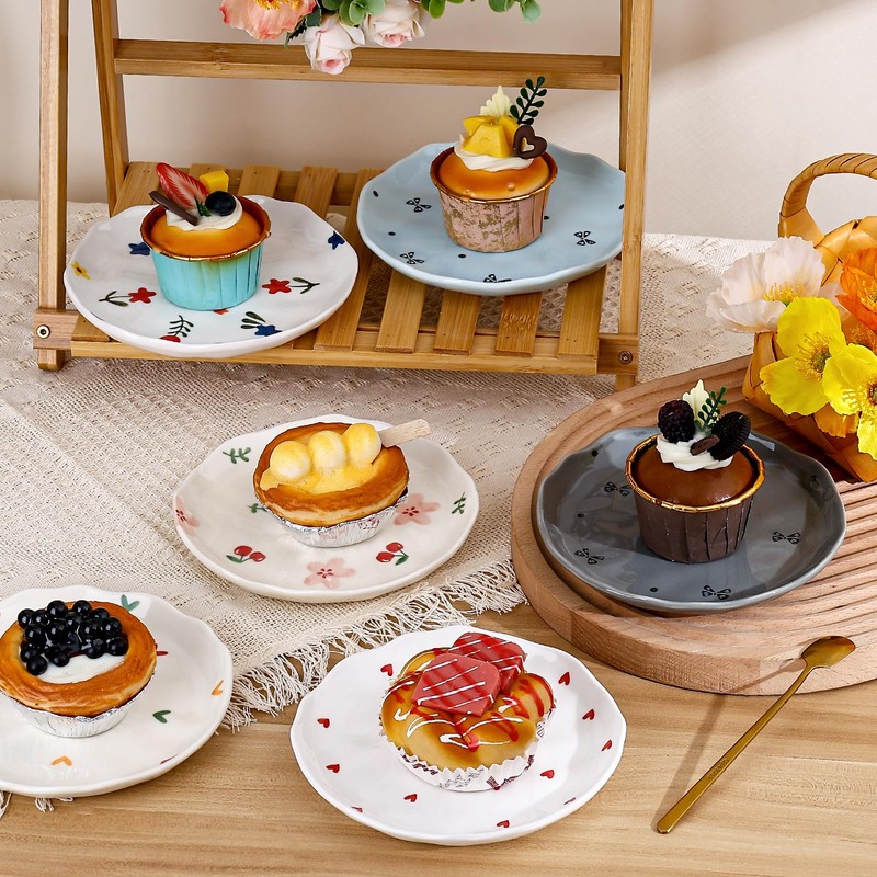Koythin Ceramic Dessert Plates, Cute Fruits Dinner Plate, Printed Flowers