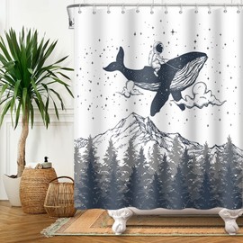 Funny Shower Curtain Astronaut Riding Whale Shower Curtains Misty Mountain Forest Shower Curtain Sets Galaxy Stars Clouds Bathroom Curtain 71x71 in with 12 Hooks
