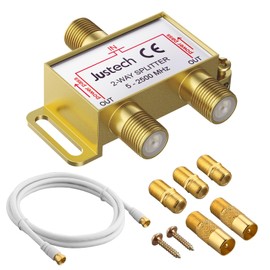 Justech TV Aerial Splitter 2 Way Gold Plated Coaxial Splitter MoCA 5-2500MHz with 1.5m Coax Cable F Plugs for Sky Box Telewest Eurovox Starview Dreambox