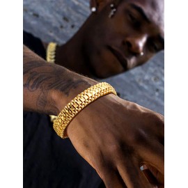 U7 Men Wrist Chain Bracelet 18K Gold Plated 12mm Wide Link Bracelets 21CM