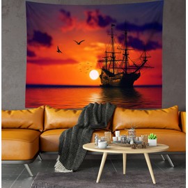 Loccor 9x6ft Ship Wall Tapestry Backdrop Sailboat at Evening Sunset Sea Ocean Landscape Sailing Silhouette Bright Orange Wall Hanging Decoration Soft Fabric Tapestry Perfect Print for House Rooms