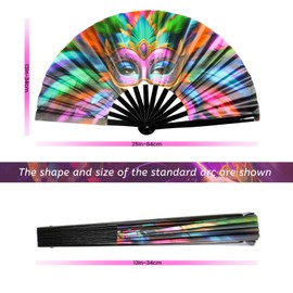 TRENDBOX Large Folding Hand Fan, UV Glow Fan for Rave, Festival Folding Hand Fan for Women Men with Velvet Bag for Decorations, Party, Dance and Music Festival - Painted Face