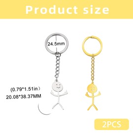 WLVinson Pack of 2 Pendant Gift for Men, Friend Keyring Stainless Steel, Small Funny Gesture Symbolism, Smiley Stickman, Trendy Accessories for Bags, Keys (Silver & Gold), Steel colour, gold